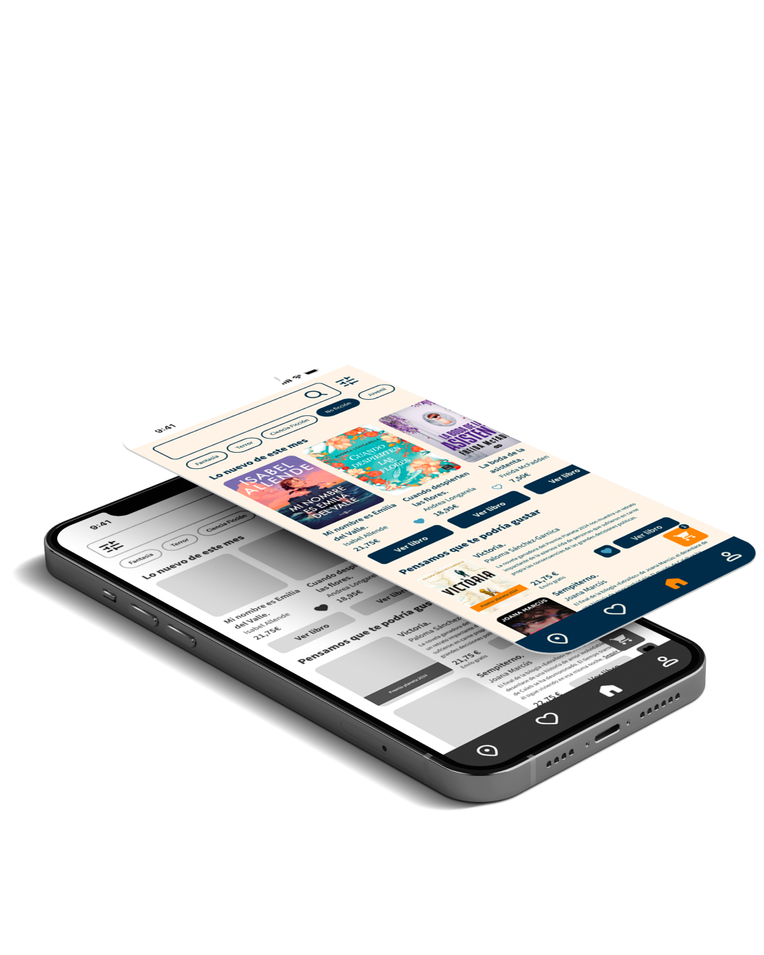 Mockup app de librería: catálogo de libros en móvil